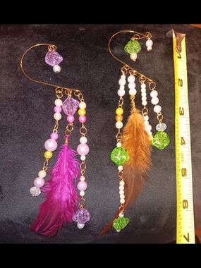 Feather & Bead Cuff Earrings - Purple and Brown
